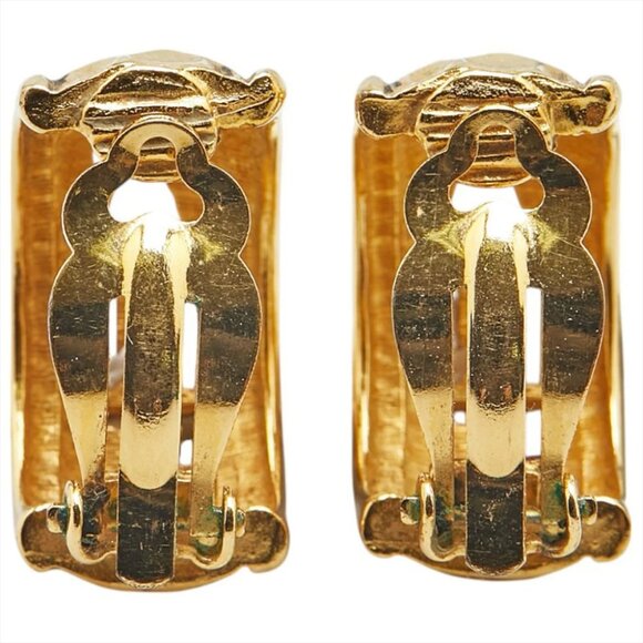 CHANEL Logo Hoop Clip-On Earrings Gold Tone Auth #1283 - Picture 4 of 6